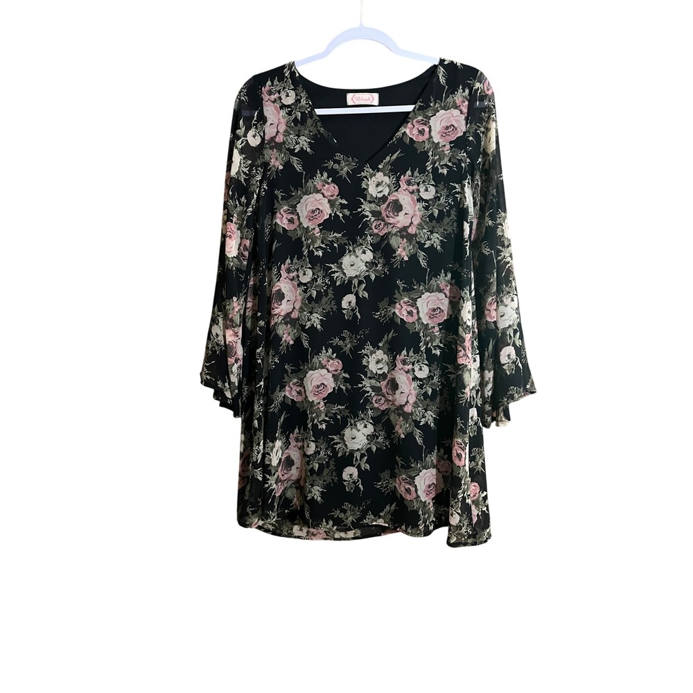 Blush Floral V-Neck Bell Sleeve Shift Dress‎ Black Pink Rose Print Small DH9508